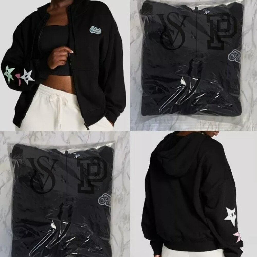 Victoria's Secret PINK Ivy Fleece Campus Full-Zip Hoodie  Black Aspen Stars - Picture 2 of 2